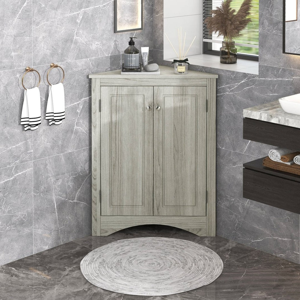English Elm Oak Corner Floor Cabinet Triangular Freestanding Storage with Adjustable Interior Shelves N725P334664L