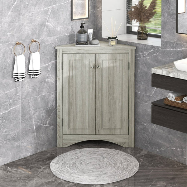 English Elm Oak Corner Floor Cabinet Triangular Freestanding Storage with Adjustable Interior Shelves N725P334664L