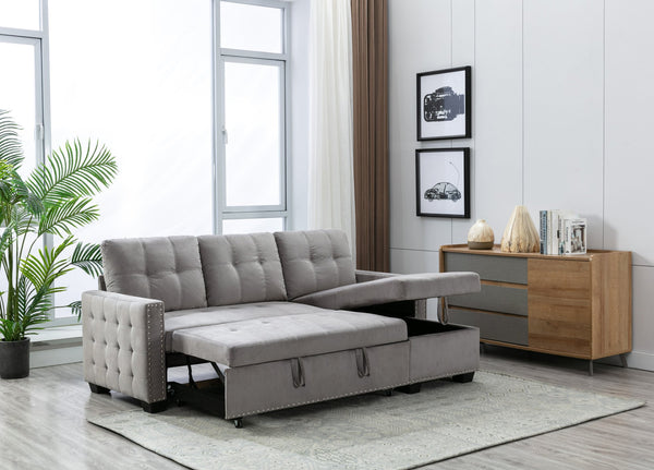 English Elm 77 Reversible 77 Inch Sectional Storage Sleeper Sofa Bed with Pull-Out Guest Bed, Velvet Plush Seating LIGHT GREY W120343142