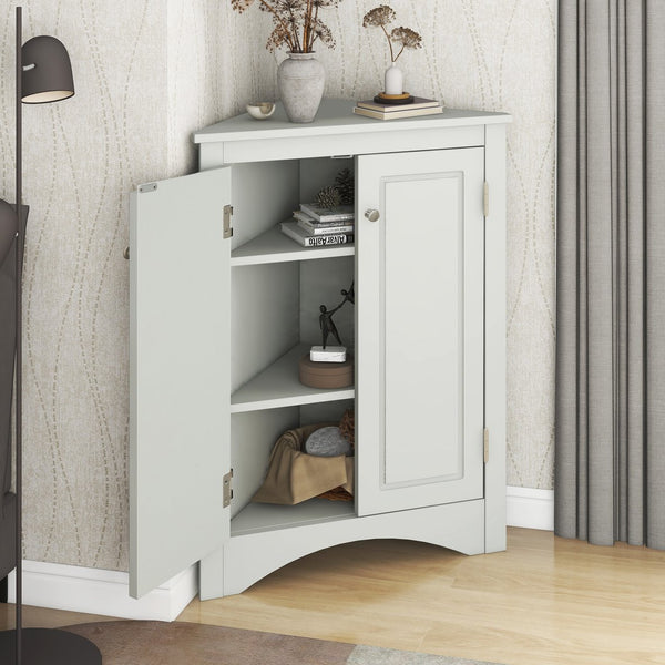 English Elm Grey Triangle Corner Cabinet with Adjustable Shelves, Freestanding Modern MDF Storage for Home WF291467AAE