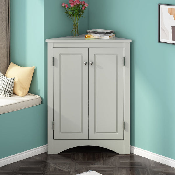 English Elm Grey Triangle Corner Cabinet with Adjustable Shelves, Freestanding Modern MDF Storage for Home WF291467AAE