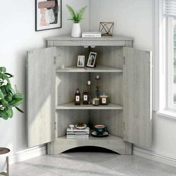 English Elm Oak Triangle Corner Cabinet with Adjustable Shelves, Freestanding Oak Storage for Bathroom & Kitchen WF291467AAL