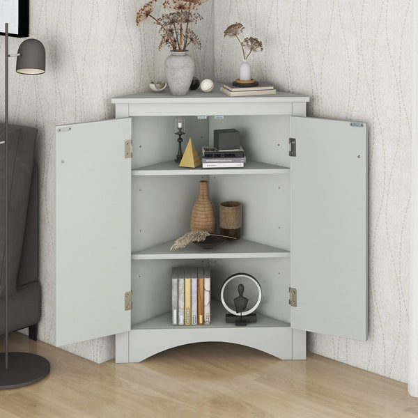 English Elm Grey Triangle Corner Cabinet with Adjustable Shelves, Freestanding Modern MDF Storage for Home WF291467AAE