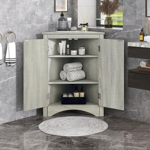 English Elm Oak Triangle Corner Cabinet with Adjustable Shelves, Freestanding Oak Storage for Bathroom & Kitchen WF291467AAL