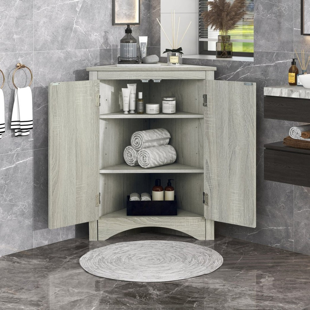 English Elm Oak Corner Floor Cabinet Triangular Freestanding Storage with Adjustable Interior Shelves N725P334664L
