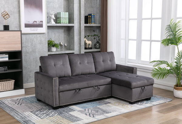 English Elm 77 Reversible 77 Inch Sectional Storage Sleeper Sofa Bed with Pull-Out Guest Bed, Velvet Plush Seating DARK GREY W120343143