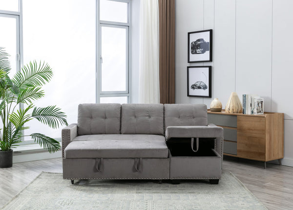 English Elm 77 Reversible 77 Inch Sectional Storage Sleeper Sofa Bed with Pull-Out Guest Bed, Velvet Plush Seating LIGHT GREY W120343142