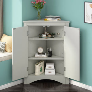 English Elm Grey Triangle Corner Cabinet with Adjustable Shelves, Freestanding Modern MDF Storage for Home WF291467AAE