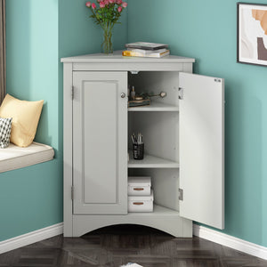 English Elm Grey Triangle Corner Cabinet with Adjustable Shelves, Freestanding Modern MDF Storage for Home WF291467AAE