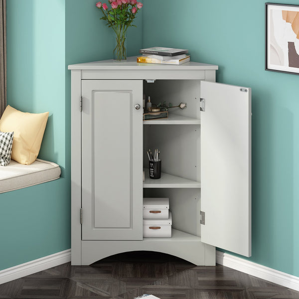 English Elm Grey Triangle Corner Cabinet with Adjustable Shelves, Freestanding Modern MDF Storage for Home WF291467AAE