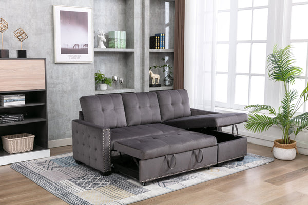 English Elm 77 Reversible 77 Inch Sectional Storage Sleeper Sofa Bed with Pull-Out Guest Bed, Velvet Plush Seating DARK GREY W120343143