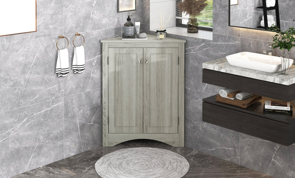 English Elm Oak Corner Floor Cabinet Triangular Freestanding Storage with Adjustable Interior Shelves N725P334664L