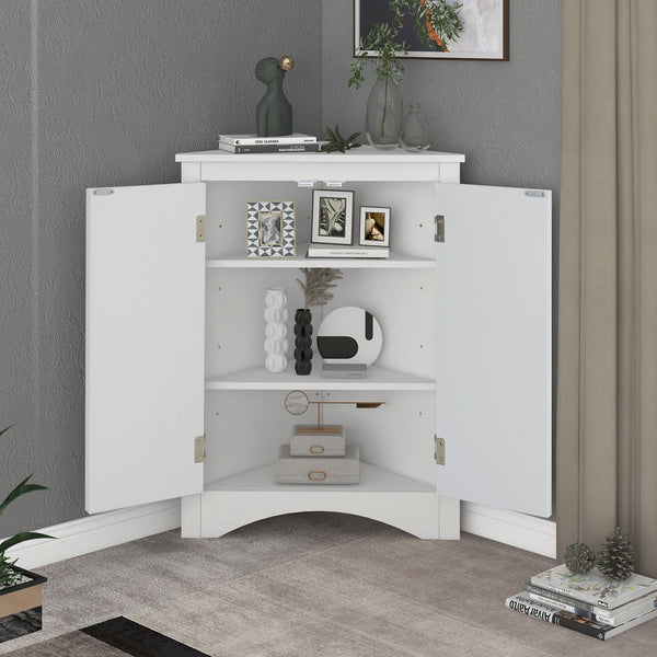 English Elm White Triangle Corner Cabinet with Adjustable Shelves, Modern MDF Freestanding Storage for Kitchen Bath WF291467AAK