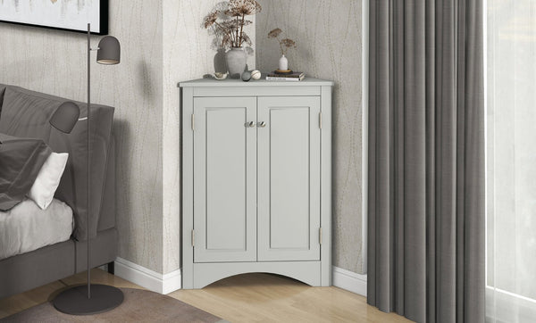 English Elm Grey Triangle Corner Cabinet with Adjustable Shelves, Freestanding Modern MDF Storage for Home WF291467AAE