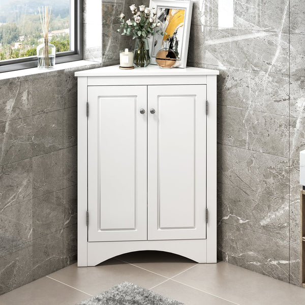 English Elm White Triangle Corner Cabinet with Adjustable Shelves, Modern MDF Freestanding Storage for Kitchen Bath WF291467AAK