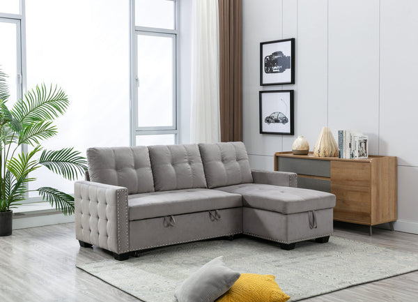 English Elm 77 Reversible 77 Inch Sectional Storage Sleeper Sofa Bed with Pull-Out Guest Bed, Velvet Plush Seating LIGHT GREY W120343142