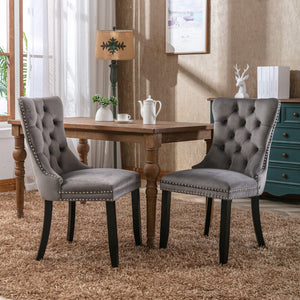English Elm Nikki Velvet Dining Chairs Set of Two Tufted Nailhead Solid Wood Legs Formal Gray W114381117