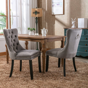 English Elm Nikki Velvet Dining Chairs Set of Two Tufted Nailhead Solid Wood Legs Formal Gray W114381117