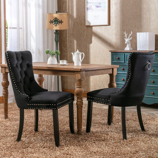 English Elm Nikki Velvet Dining Chairs Set of Two Tufted Nailhead Solid Wood Legs Formal Black W114381115