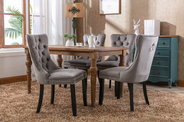 English Elm Nikki Velvet Dining Chairs Set of Two Tufted Nailhead Solid Wood Legs Formal Gray W114381117