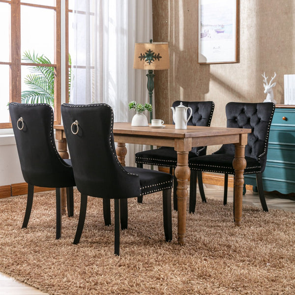 English Elm Nikki Velvet Dining Chairs Set of Two Tufted Nailhead Solid Wood Legs Formal Black W114381115
