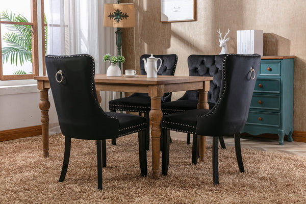 English Elm Nikki Velvet Dining Chairs Set of Two Tufted Nailhead Solid Wood Legs Formal Black W114381115