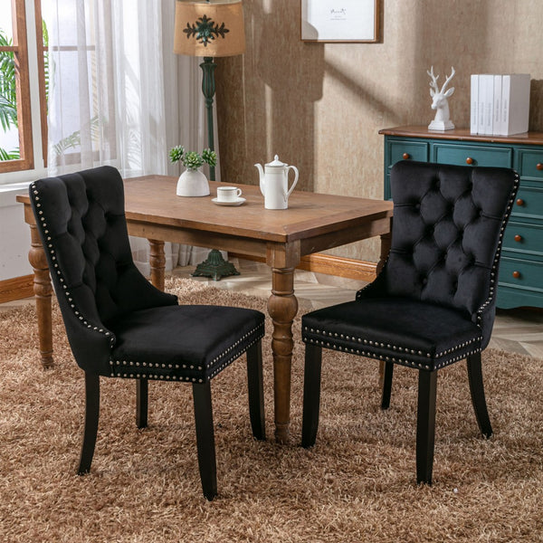 English Elm Nikki Velvet Dining Chairs Set of Two Tufted Nailhead Solid Wood Legs Formal Black W114381115