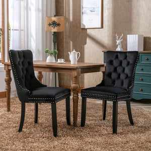 English Elm Nikki Velvet Dining Chairs Set of Two Tufted Nailhead Solid Wood Legs Formal Black W114381115