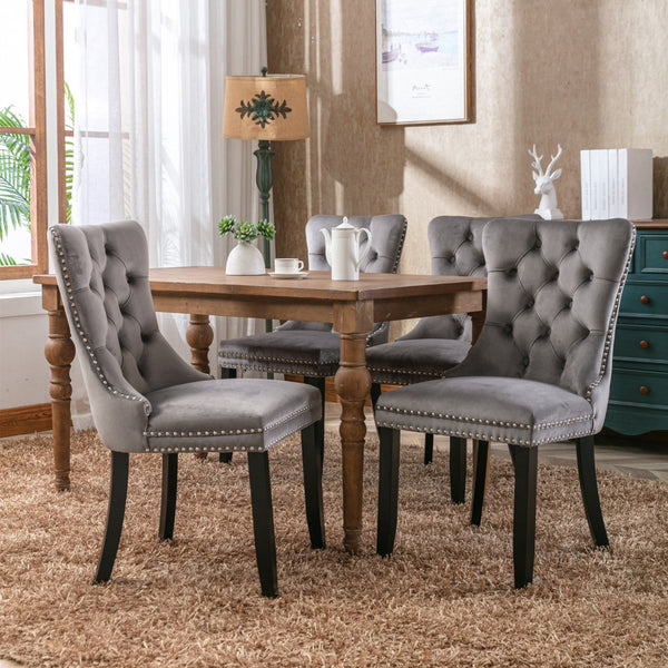 English Elm Nikki Velvet Dining Chairs Set of Two Tufted Nailhead Solid Wood Legs Formal Gray W114381117