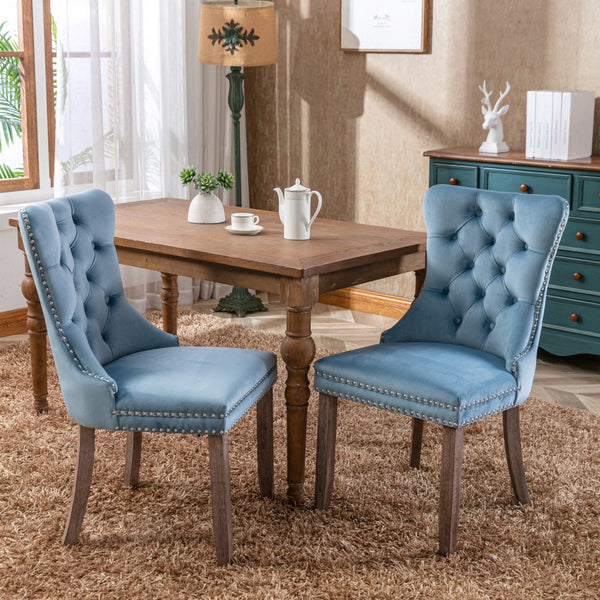 English Elm Nikki Velvet Wingback Dining Chair Set Tufted Brass Nailhead Solid Wood Legs Light Blue W114381106
