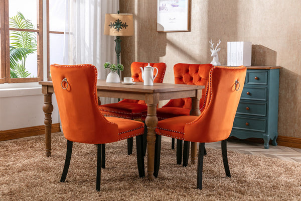 English Elm Nikki Velvet Dining Chairs Set of Two Tufted Nailhead Solid Wood Legs Formal Orange W114381108