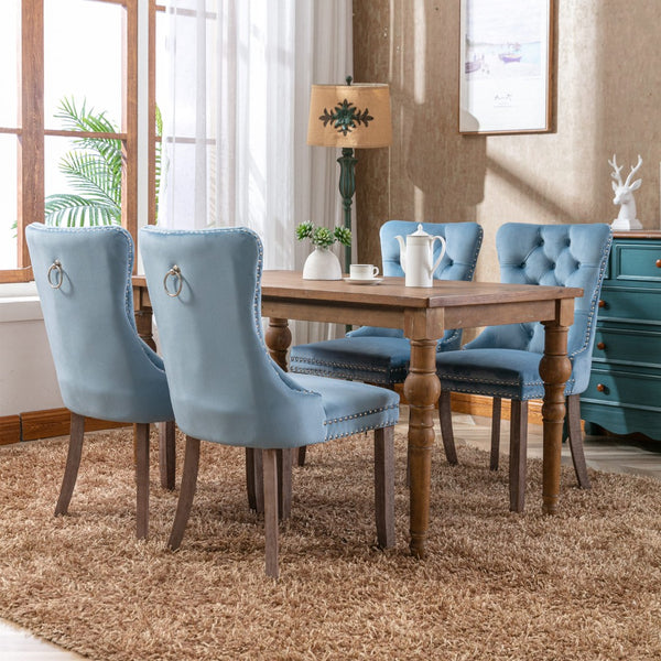 English Elm Nikki Velvet Wingback Dining Chair Set Tufted Brass Nailhead Solid Wood Legs Light Blue W114381106