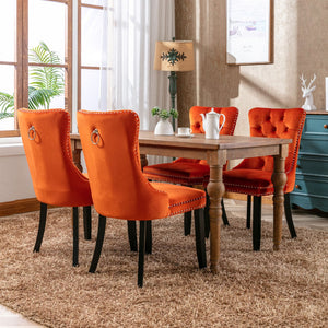 English Elm Nikki Velvet Dining Chairs Set of Two Tufted Nailhead Solid Wood Legs Formal Orange W114381108
