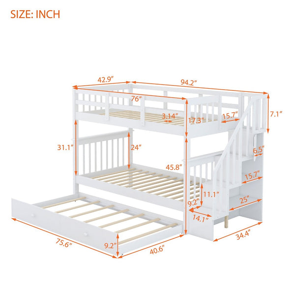 English Elm Stairway Twin Over Bunk Bed with Trundle Storage Steps Kids Shared Bedroom White LT000209AAK-1
