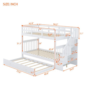 English Elm Stairway Twin Over Bunk Bed with Trundle Storage Steps Kids Shared Bedroom White LT000209AAK