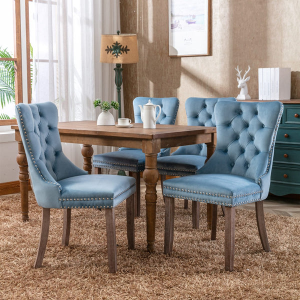 English Elm Nikki Velvet Wingback Dining Chair Set Tufted Brass Nailhead Solid Wood Legs Light Blue W114381106