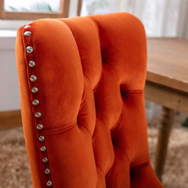 English Elm Nikki Velvet Dining Chairs Set of Two Tufted Nailhead Solid Wood Legs Formal Orange W114381108