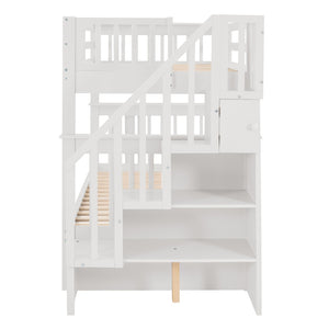 English Elm Stairway Twin Over Bunk Bed with Trundle Storage Steps Kids Shared Bedroom White LT000209AAK-1