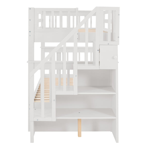 English Elm Stairway Twin Over Bunk Bed with Trundle Storage Steps Kids Shared Bedroom White LT000209AAK-1