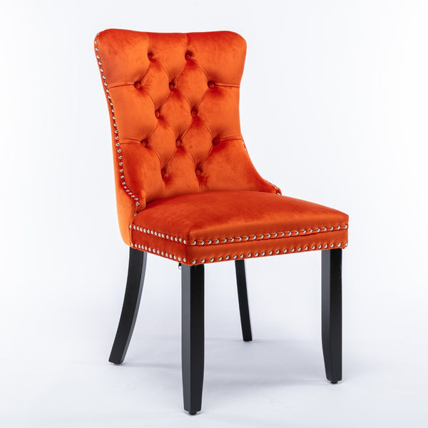English Elm Nikki Velvet Dining Chairs Set of Two Tufted Nailhead Solid Wood Legs Formal Orange W114381108