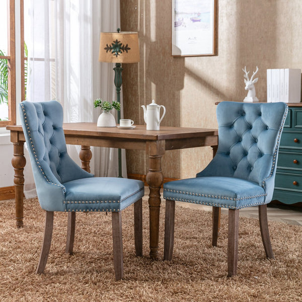 English Elm Nikki Velvet Wingback Dining Chair Set Tufted Brass Nailhead Solid Wood Legs Light Blue W114381106
