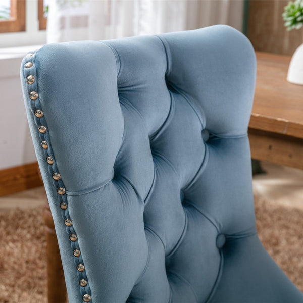 English Elm Nikki Velvet Wingback Dining Chair Set Tufted Brass Nailhead Solid Wood Legs Light Blue W114381106