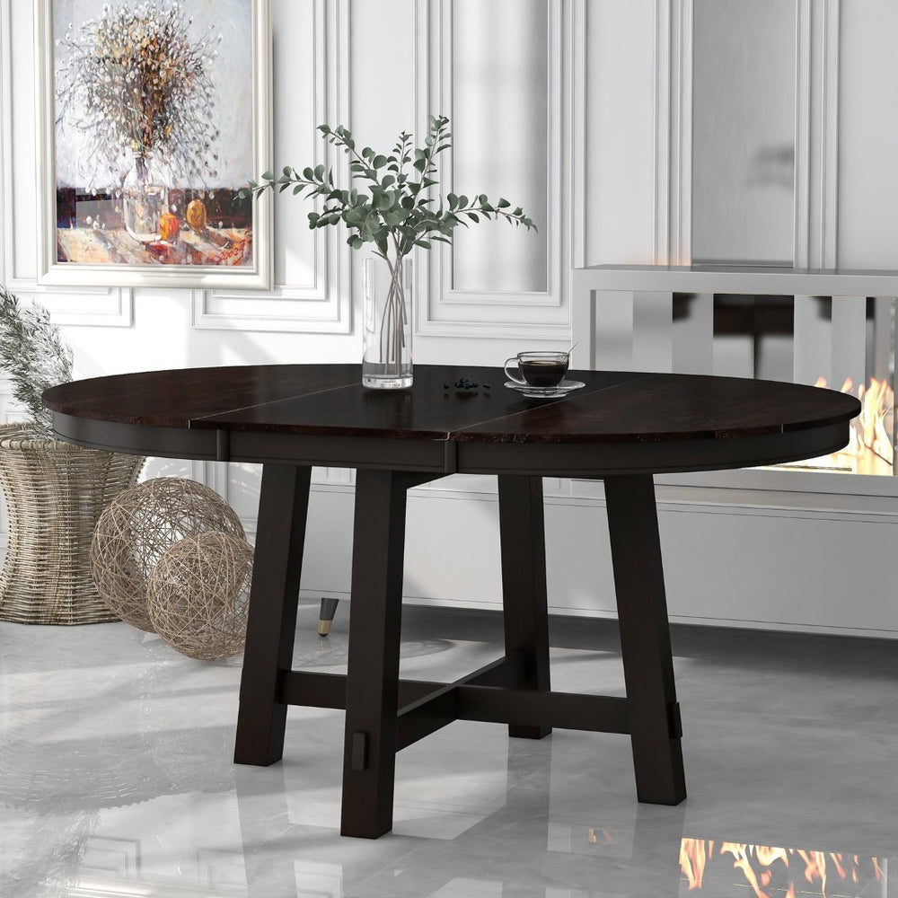 English Elm Trexm Farmhouse Round Dining Table Oak Veneer X Base Extends to Seat Six WF291263AAP