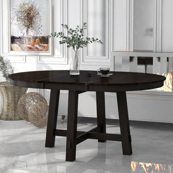 English Elm Trexm Farmhouse Round Dining Table Oak Veneer X Base Extends to Seat Six WF291263AAP