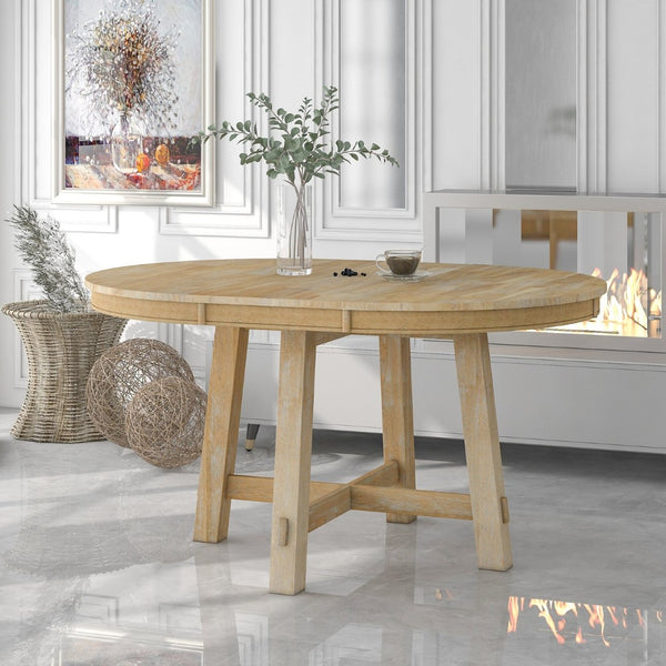 English Elm Trexm Farmhouse Round Extendable Dining Table Seats Six with Oak Veneer Planked Top Natural Wood Wash WF291263AAE