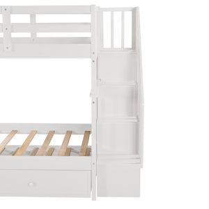 English Elm Stairway Twin Over Bunk Bed with Trundle Storage Steps Kids Shared Bedroom White LT000209AAK