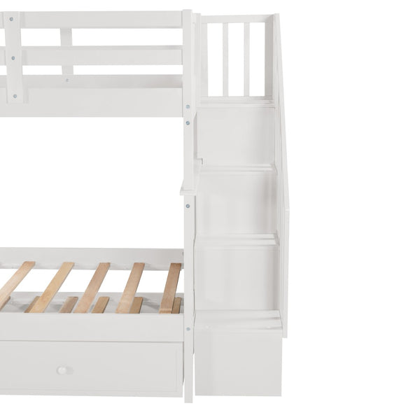 English Elm Stairway Twin Over Bunk Bed with Trundle Storage Steps Kids Shared Bedroom White LT000209AAK