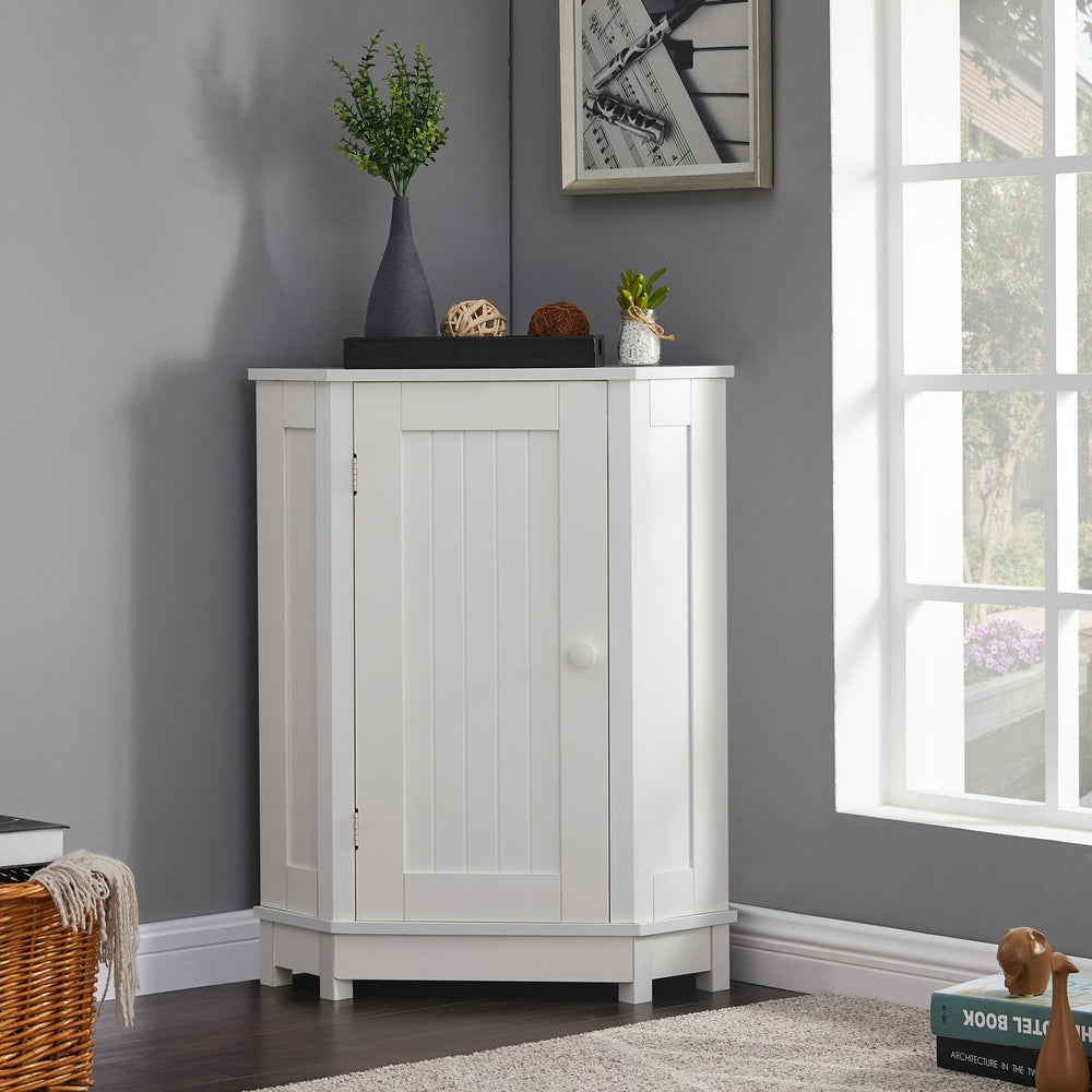 English Elm White Triangle Corner Bathroom Cabinet with Adjustable Shelves, MDF Storage Cupboard for Towels and Cleaning Supplies, Modern Space-Saving Design N725P172615K