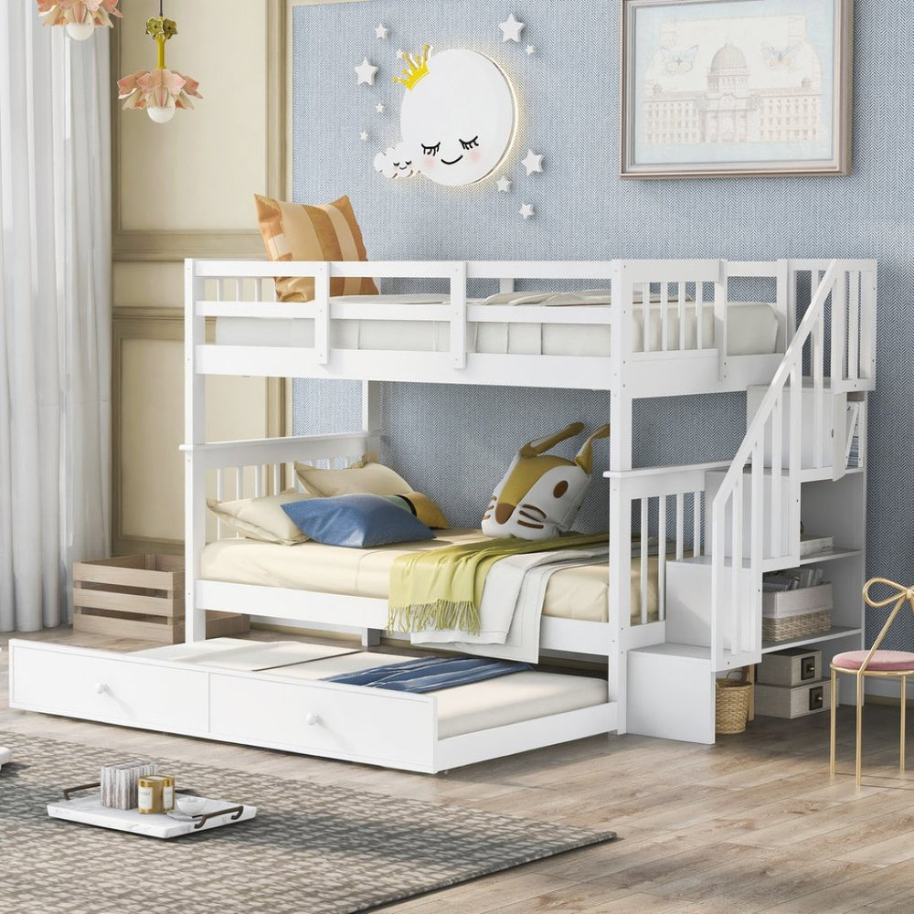 English Elm Stairway Twin Over Bunk Bed with Trundle Storage Steps Kids Shared Bedroom White LT000209AAK