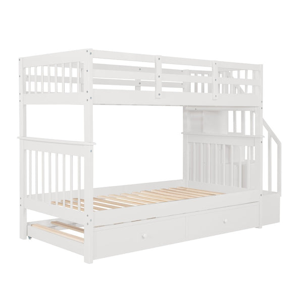 English Elm Stairway Twin Over Bunk Bed with Trundle Storage Steps Kids Shared Bedroom White LT000209AAK-1